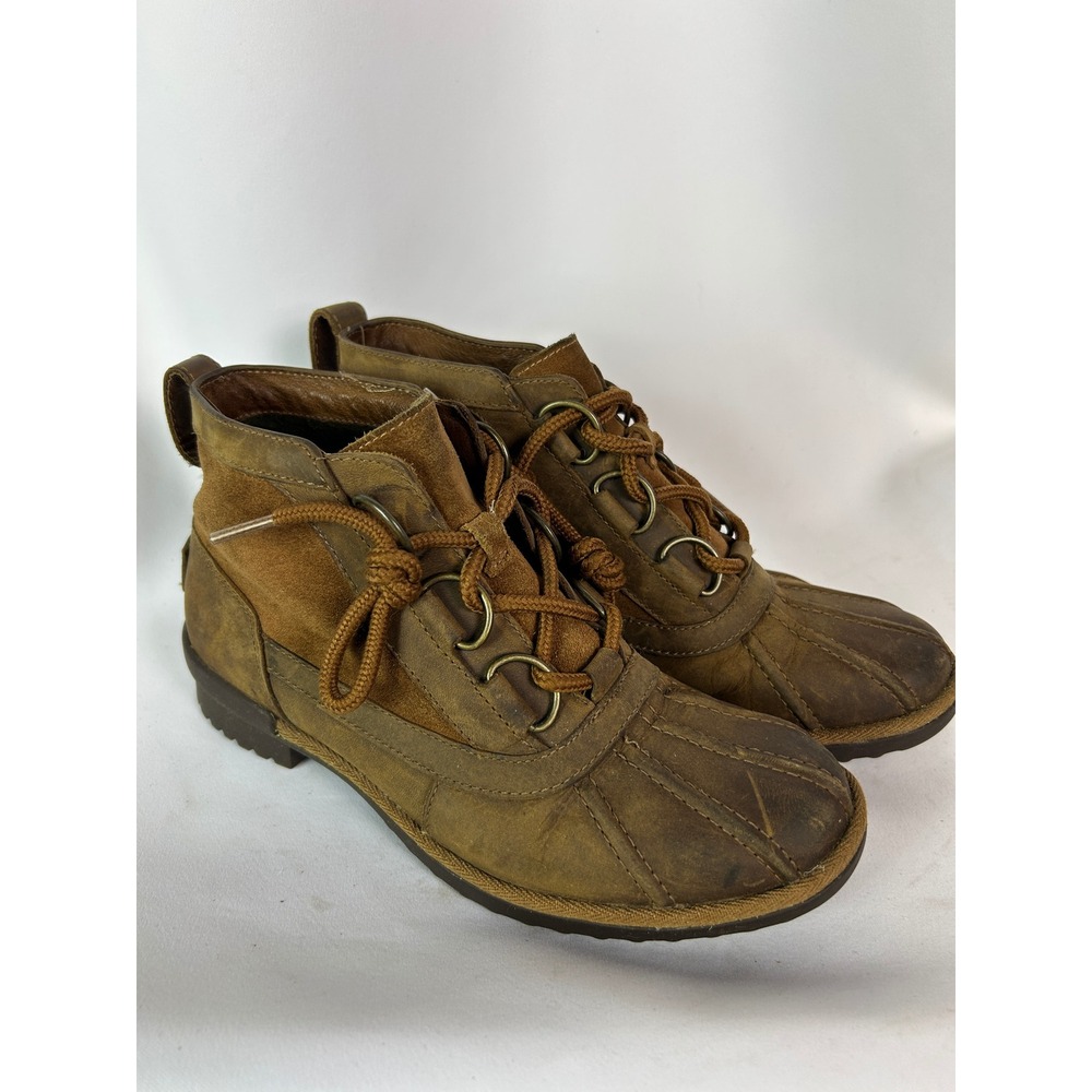 UGG Cecile Brown Leather Suede Waterproof Duck Ankle Boots Winter Rugged 6
